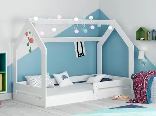 Interbeds Hausbett 160x80cm - Montessori Kinderbett mit Rausfallschutz - Kleinkindbett aus FSC-zertifiziertem Kiefernholz, ökologisch lackiert und sicher für Kinder. Das designfördernde Hausbett bietet einen stabilen Schlafplatz und inspiriert kreatives Spielen.