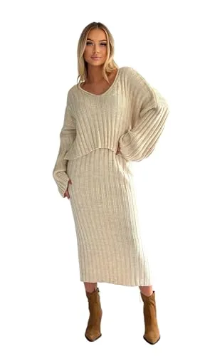Mississhop 379 Damen Strickset mit Pullover Rock Strickpullover Strickrock Beige