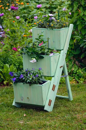 dobar Hochbeet Ausklappbare Pflanztreppe mit 3 Pflanzkästen mintgrün - 190 cm breit, 580 cm hoch, ideal für platzsparendes Gärtnern und stilvolle Pflanzenpräsentation