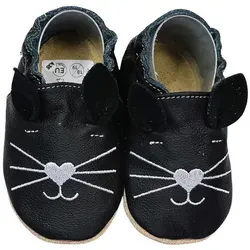 Krabbelschuhe Katze schwarz 20/21 für 12 - 18 Monate - Babyschuhe aus weichem Rindsleder, ideal für erste Krabbel- und Gehversuche, mit rutschfester Sohle für sicheren Halt und optimalem Tragekomfort.