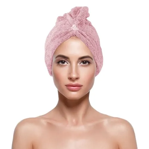 Bestlivings Haarturban (Rosa) Cozy mit Knopf - 25x65cm (One Size) Superweich Flauschig - Saugstark, Handtuch Haare Turban Haarhandtuch Schnelltrocknend