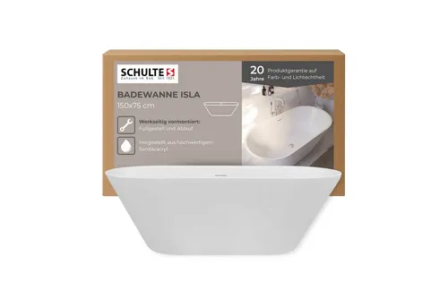 Schulte Badewanne Isla, freistehend, 150x75 cm, Komplett-Set - Badewanne aus hochwertigem Sanitäracryl in Weiß, inkl. Fußgestell und Ablauf, kratzfest und pflegeleicht – ideal für stilvolle Badezimmer.