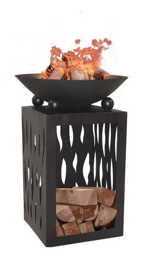 Feuerschale auf Säule mit Holzfach - Moderne Feuerschale für den Außenbereich, mit praktischem Holzfach, ideal für gemütliche Abende im Garten oder auf der Terrasse.