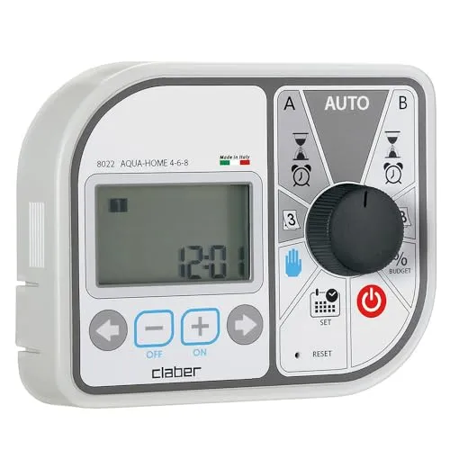 Claber Aqua-Home 4-6-8: Bewässerungscomputer für 8 Bewässerungskreise - Hydraulische Steuerungen, programmierbar für bis zu 8 Bewässerungskreise – optimal für eine effiziente Gartenbewässerung.