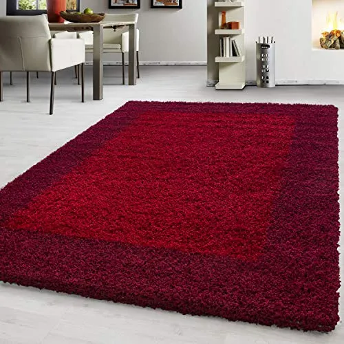Hochflor Teppich Wohnzimmer Bordüre Design Schlafzimmer Esszimmer Flur Küchenteppich Weich & Flauschig Langflor Pflegeleicht Rechteckig Teppich in Farbe: Rot, Grösse: 240 x 340 cm