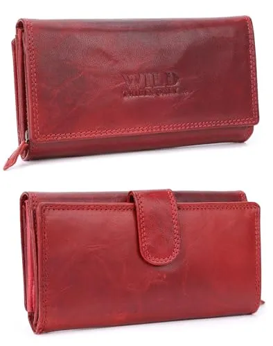 irisaa Damen Leder Wild Geldbörse, Portemonnaie Lang Geldbeutel,RFID Schutz 21 Kartenfächer, Brieftasche Groß, Vintage Design Used Look, Damen Tasche:Dunkel Rot