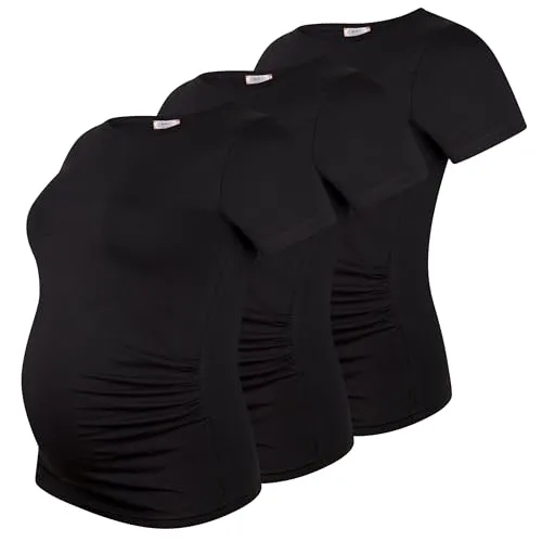 M.M.C. Umstandsshirt 3er Set Kurzarm unifarben - Praktisches 3er Set Kurzarmshirts für die Schwangerschaft, ideal für jede Jahreszeit. Die Shirts mit Rundhalsausschnitt und seitlichen Raffungen passen sich perfekt an Ihren wachsenden Babybauch an und bieten hohen Tragekomfort.