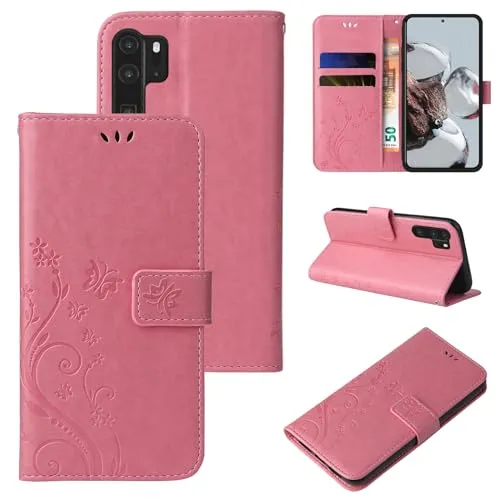 LBH Handy Hülle für Huawei P30 Pro Case Handytasche Schmetterling Blumen Flower Standfunktion Schutzhülle Magnet Rundum Schutz 360 Grad Flipcase Cover Rosegold