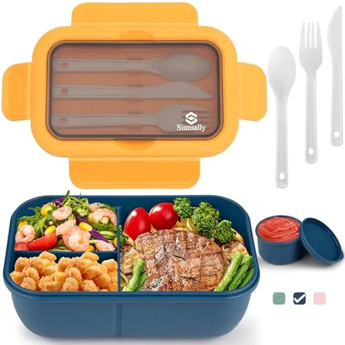 Sinnsally Lunchbox mit Fächern,1250ml Brotdose Bento Box Erwachsene,Lunch Box mit Besteck Vesperbox Brotzeitbox Brotbox,Auslaufsicher Essensbox Jausenbox Frühstücksbox Vesperdose (Bule)