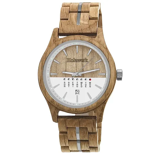 Holzwerk Quarzuhr BONN – Designer Holz Armbanduhr mit Datumsanzeige - Armbanduhren mit einzigartigem Holzdesign, moderne beige/silberne Farbkombination, inkl. Datumsanzeige und hochwertigem Quarzwerk für präzise Zeitmessung.