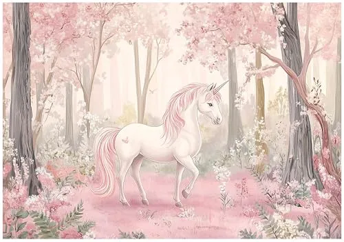 WallArena - Vlies Fototapete Kinderzimmer 200x140 cm Einhorn - Fototapeten Tapeten für Kinder Mädchen - Kindertapete - Kinderzimmertapete rosa Blumen Fantasy