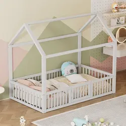 Kinder-hausbett Aus Kiefernholz Weiß 90x200 Cm Mit Sicherheitsgitter, Türchen Und Lattenrost