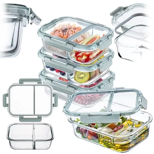 KADAX 4er Set Glas Frischhaltedosen mit Fächern (4x 1L) - Hochwertige Glasbehälter für die Küche & Gefrierschrank, luftdicht und auslaufsicher – ideal für Meal Prep mit praktischer Unterteilung für verschiedene Speisen.