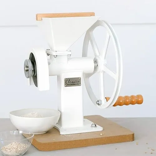 Madalga Getreidemühle Classico - Getreidemühle mit Edelstahlmahlwerk, ideal für alle Getreidearten und zur Herstellung von Mehl, Schrot und Gewürzen. Perfekte Handhabung durch großen Einfülltrichter und nostalgisches Design für jede Küche.