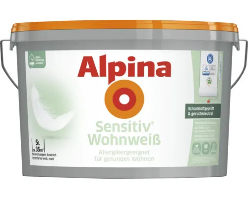 Alpina Sensitiv Wohnweiß 5 Liter - Allergikerfreundliche Wandfarbe - Innenfarben, hochdeckend und ideal für sensible Wohnräume. Frei von Schadstoffen und auf Basis nachwachsender Rohstoffe, perfekt für gesundheitsbewusste Menschen.