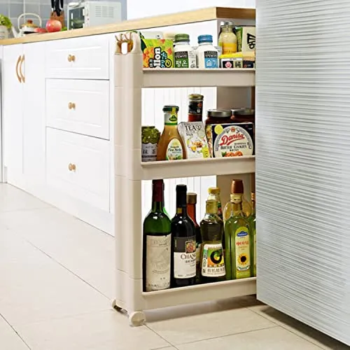 CRELIV Nischenregal mit Rädern - Badrollwagen mit 3 Etagen und 4 Haken, ideal zur Aufbewahrung in Küche und Badezimmer, leicht zu bewegen dank Rollen und einfacher Montage.