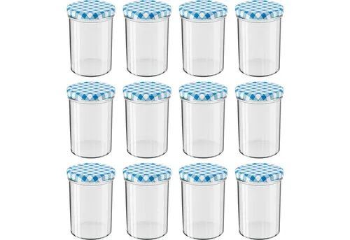 Wellgro Vorratsglas Einmachgläser Schraubdeckel blau kariert - 435 ml, (12-tlg)