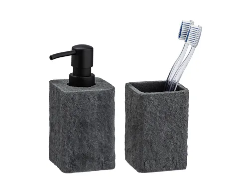 WENKO Badaccessoire-Set Villata, 2-teilig, grau - Sonstige Badaccessoires, stilvolles Set aus Seifenspender und Zahnputzbecher aus hochwertigem Polyresin für ein elegantes Badezimmerambiente.