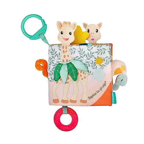 Vulli Stoffbuch Entdeckerbuch Sophie la girafe 3m+ - Stoffbuch für Babys ab 3 Monaten, fördert die Motorik und Sinne mit bunten Texturen und spannenden Aktivitäten. Ideal für unterwegs dank praktischem Anhänger.
