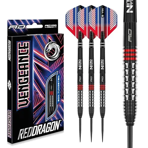 RED DRAGON Vengeance Red 24 Gramm Premium Wolfram Steeltip Dart Set mit Flights und Schäften