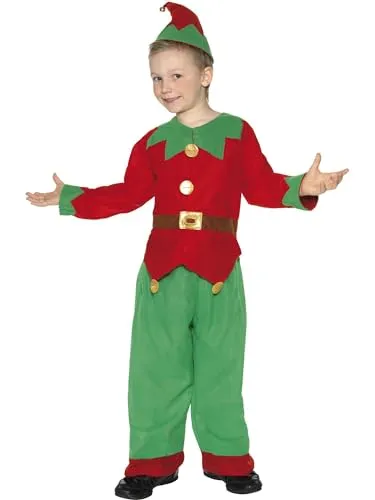 Smiffys Elf Kostüm für Kinder in Rot & Grün - Fantasievolles Elf Kostüm für Kinder (Alter 7-9) mit Tunika, Hose und Hut. Ideal für Halloween und Karneval. Hohe Sicherheitsstandards garantiert für unbeschwerten Spaß.