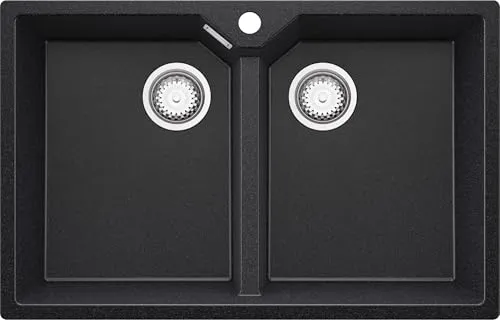 PRIMAGRAN Spülbecken Anthrazit 78x50cm, Granitspüle 2 Becken + Ablauf-Set, Küchenspüle ab 80er Unterschrank - Madrid Twin S003