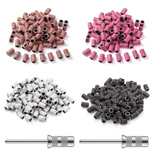 YPYMOD 200 Stück Schleifkappen, Gemischte Schleifbänder der Körnung 80/120/180/240 zum Schleifen, Polieren, Trimmen, Entfernen von Nägeln und Entfernen Abgestorbener Haut, mit 2Pcs Nagelbohrer