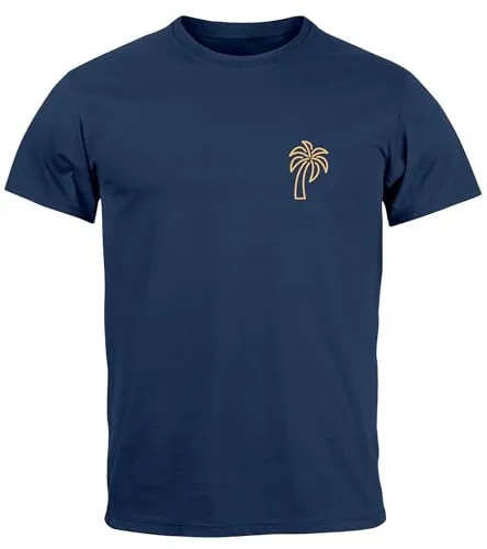 Neverless® Herren T-Shirt Palme Logo Print Sommer Badge Emblem Minimal Line Art Fashion Streetstyle Navy-gelb L