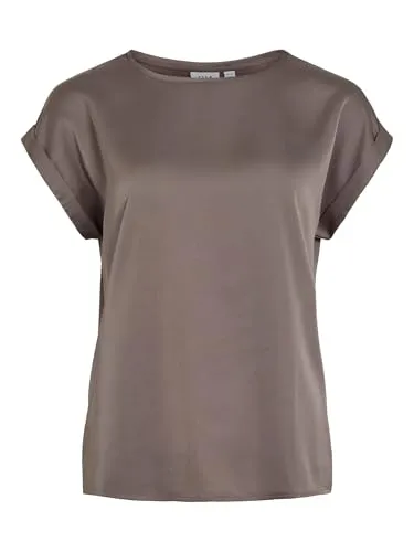 Vila Viellette S/S Satin Top - Noos - Elegante Kurzarmbluse für Damen mit Rundhals-Ausschnitt und tief angesetzten Schultern. Hergestellt aus recyceltem Polyester, kombiniert Stil und Nachhaltigkeit für einen modischen Look.