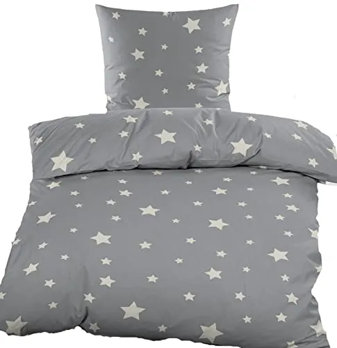 KH-Haushaltshandel Biber Bettwäsche 135 x 200 + 80x80 cm, grau, mit weißen Sternen,100% Baumwolle