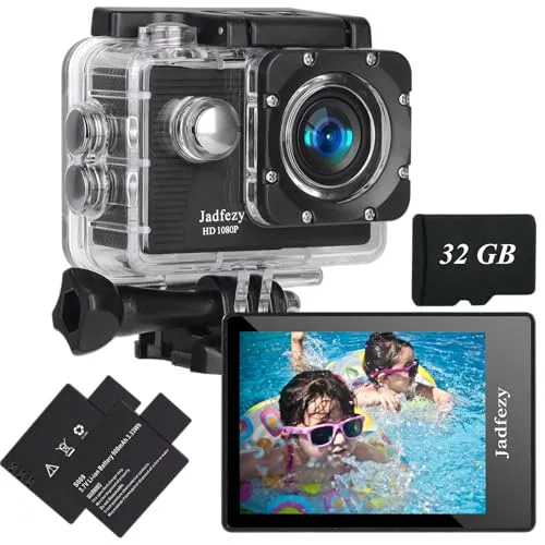 Jadfezy Action Cam FHD 1080P mit 32GB Karte, Unterwasserkamera wasserdicht bis 30M, 140 Grad Weitwinkel Action Kamera mit Zwei 900 mAh wiederaufladbare Akkus und Zubehör-Set（32GB）