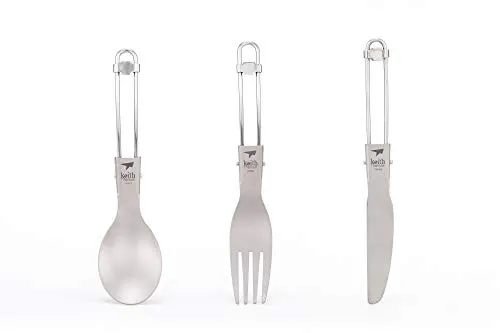 Keith Titanium Ti5300 - 3-teiliges faltbares Besteckset - Camping-Besteck aus leichtem Titan, geschmacksneutral und spülmaschinenfest – ideal für Rucksackreisen und Picknicks.