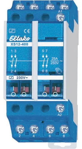 Eltako XS12-400-230V AC Stromstoß-Schalter - Diverse E, 4-polig mit 25 A/250 V AC, ideal für die Montage auf DIN-Schiene. Perfekt für Impulssteuerungen mit Handbetätigung und Schaltstellungsanzeige.