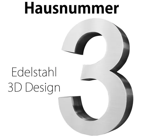 V2Aox Edelstahl Hausnummer 20 cm - Ziffer 3 in 3D - Hochwertige Edelstahl-Hausnummer, 20 cm hoch, mit zeitlosem Design. Schließt bündig mit der Wand ab und wird unsichtbar montiert. Ideal für eine stilvolle Hausnummerierung.