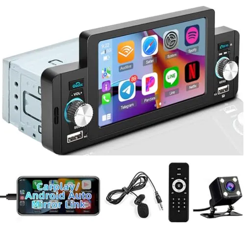 Hikity 1 Din Autoradio Carplay Android Auto 5 Zoll Touch Screen, Bildschirm Bluetooth Freisprecheinrichtung Radio mit Mirror Link, FM, Rückfahrkamera, Mikrofon