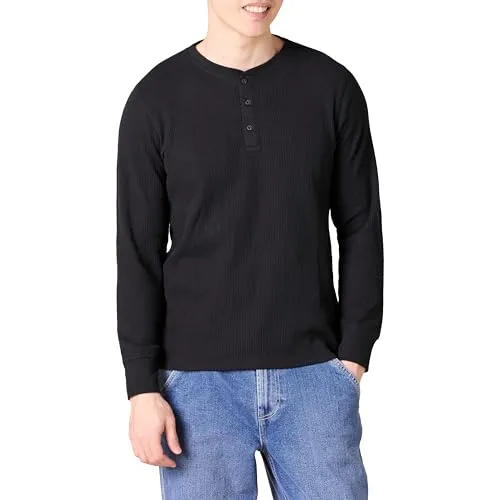 Amazon Essentials Herren Langärmeliges Waffel-Henley, Schmale Passform, Schwarz, XXL