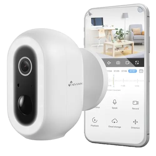 NIVIAN WLAN-Überwachungskamera für den Außenbereich, 2K, mit Akku, PIR-Sicherheitskamera mit menschlicher Erkennung, Farbnachtsicht, bidirektionales Audio, Sirene und LED, App Smart 04-Bat
