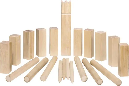 Goki 56875 - Wikingerspiel Kubb, mittlere Größe - Outdoor-Spielzeug für spannende Wettkämpfe! Das Kubb-Spiel im Baumwollbeutel ist ideal für den Garten oder Park und fördert Geschicklichkeit und Teamgeist.