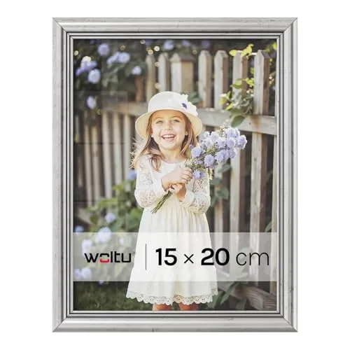 WOLTU Bilderrahmen 15x20, Fotorahmen aus Massivholz und PS-Platte, Holzrahmen mit Passepartout, zum vertikalen oder horizontalen Aufhängen/Aufstellen, Posterrahmen Collage Wanddeko, Silber