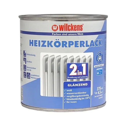 Wilckens 2in1 Heizkörperlack glänzend weiß 375ml - Lack für Heizkörper, lichtbeständig und vergilbungsbeständig, ideal für den Innenbereich. Deckt 4,5 m² mit nur 1-2 Anstrichen. Hergestellt in Deutschland.