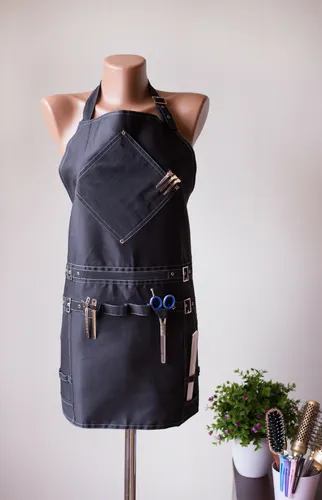 Färbeschürze für Damen - Barberschürze mit Taschen - Praktische Friseurschürze aus hochwertigem Twill, regulierbar und wiederverwendbar. Ideal für den professionellen Einsatz in der Haarpflege. Farbe: Schwarz, Größe: Universal.