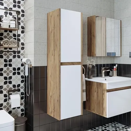 ROOMART Hochschrank Badezimmermöbel Set Atlantic 4-teilig - Moderne Badezimmermöbel mit pflegeleichter Oberfläche und hochwertigem E1-Material. Ideal für optimalen Stauraum und elegantes Design in Ihrem Bad.