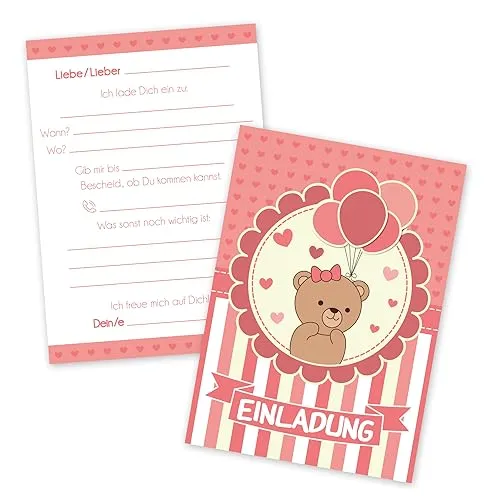 detailverliebt Einladung Kindergeburtstag I 15x Postkarten I Geburtstagsparty Bärchen Rosa Mädchen zum ausfüllen I dv175