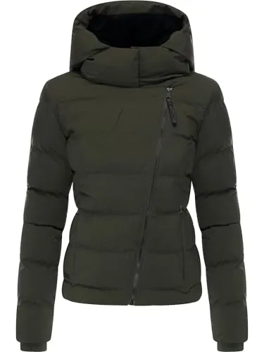 Ragwear Damen wasserdichte Winterjacke warme Steppjacke mit asymmetrischem Reißverschluss und Kapuze Harlen YOUMODO Dark Olive Gr. S