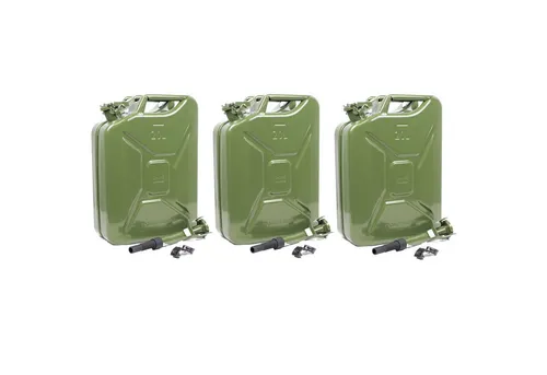 Baumarktplus 3er Set Benzinkanister 20L Metall mit Ausgießer - 3x 20L Metallkraftstoffkanister in olivgrün, inkl. flexibler Ausgießer und Halterung. Ideal für sicheren Transport von Benzin oder Diesel, robust und auslaufsicher.