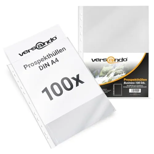 versando 100x A4 Prospekthüllen Business mit Heftrand Klarsichthüllen genarbt transparent 60my (1x 100 Stück)