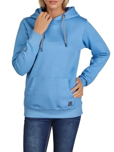 DENIMFY Damen Hoodie DFEmma mit Cross-Over Kragen in Daily Blue - Modischer Regular Fit Kapuzenpullover für Damen. Praktische Kängurutasche und justierbare Kapuze. Hochwertige Baumwollmischung für optimalen Tragekomfort. Ideal für Freizeit und Sport.