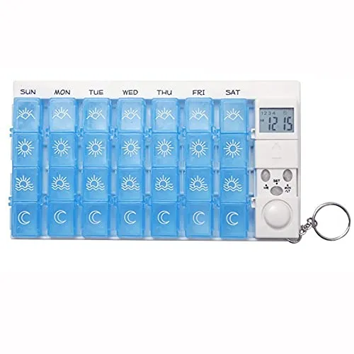 Cisixin 7 Tage Digitale Pillendose mit Alarm,Tablettenbox mit 28 Fächern(Blau)
