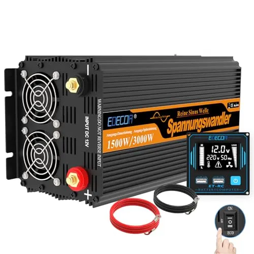 EDECOA Spannungswandler 12v 230v Wechselrichter 12 auf 230v Reiner Sinus 1500w Konverter mit Fernbedienung LCD und 2 USB Wandler (1500w 12v)