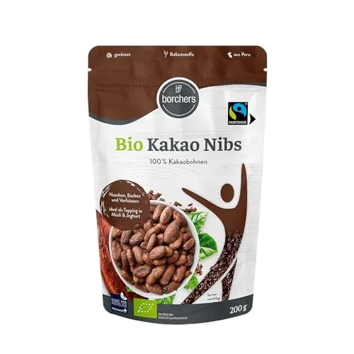 borchers Bio Kakao Nibs | 200g Beutel | Peruanischer Rohkakao | Perfekt als Topping in Müsli & Joghurt | Bio | Fairtrade | 0,2kg (200g (1er Pack))